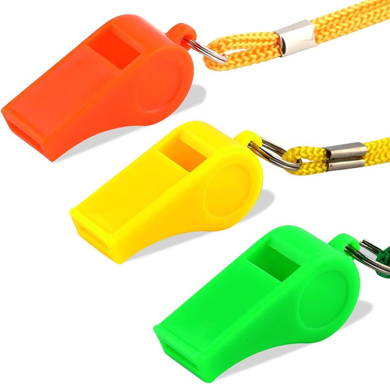KINBOM 3pcs Plastic Whistles with Lanyard, Loud Sound Sport Whistle in Training Survival Emergency Sports for Referee Coach Teacher Dog Training (Yellow, Orange, Green) - Image 1